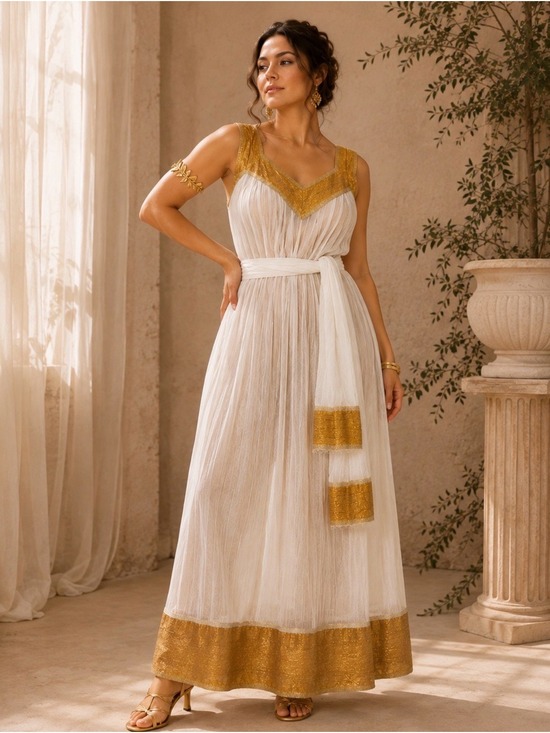 Dresses & Skirts - 🎃 Greek Goddess White and Gold Maxi Dress with Sash